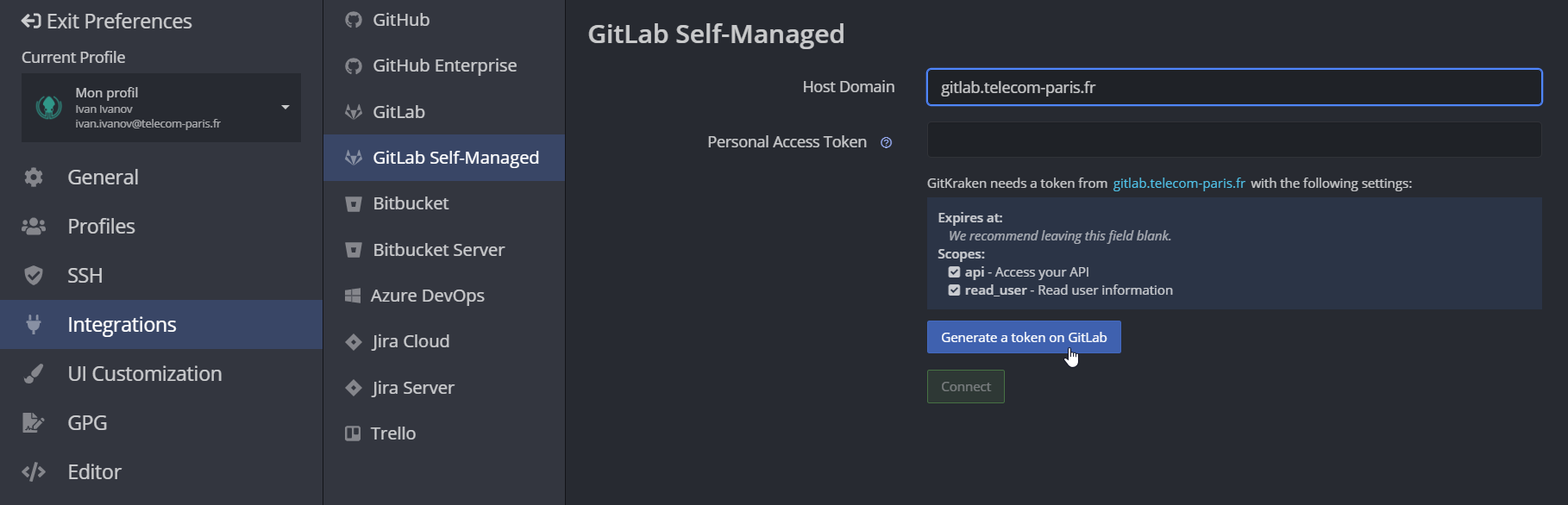 interface de connexion à GitLab