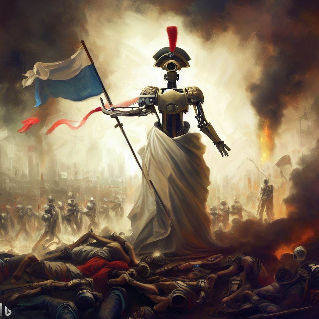 Prompt: Painting with smoky, chaotic background of a cityscape. In the center, depict a AI robot wearing a flowing gown and a Phrygian cap, holding a tricolor flag in one hand and a bayonetted musket in the other. Surround it with a diverse group of human revolutionaries: a worker, a bourgeois, and a child. Place dead human bodies and barricades at the bottom. Use dramatic lighting to emphasize the robot.